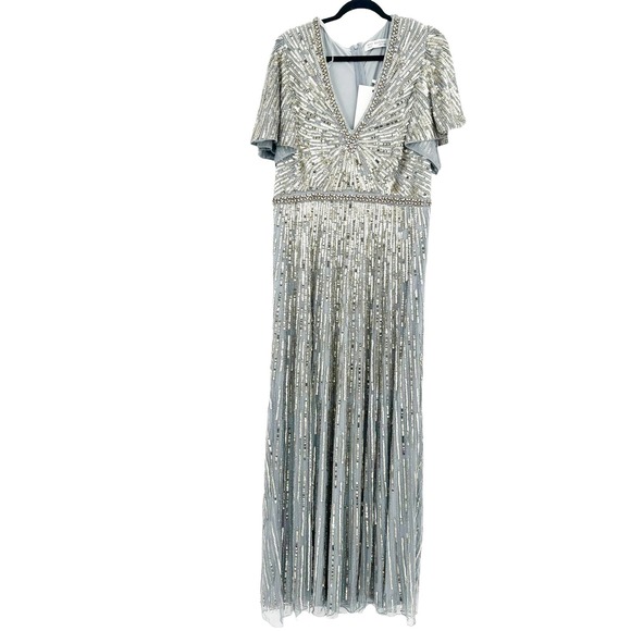 Mac Duggal Embellished V Neck Butterfly Sleeve Column Gown Platinum Size 18 NWT - Picture 5 of 12